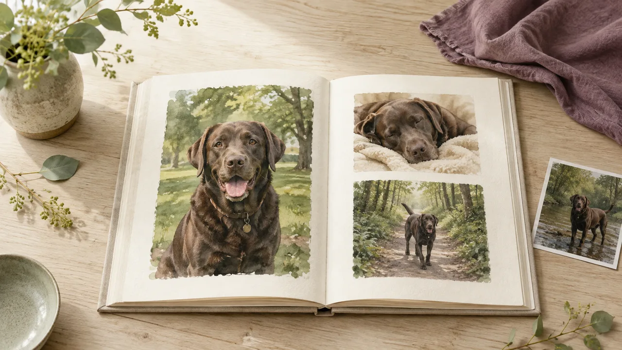 Watercolour illustration of an open photo album showing a Labrador outdoors and resting at home.