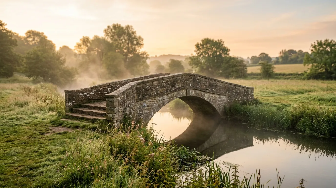 A quiet wooden footbridge over a calm stream at golden dawn.