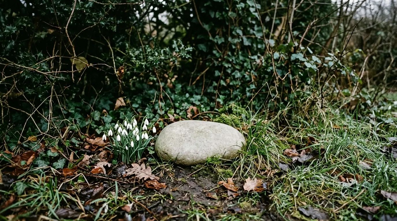 A plain stone beside snowdrops in a quiet garden