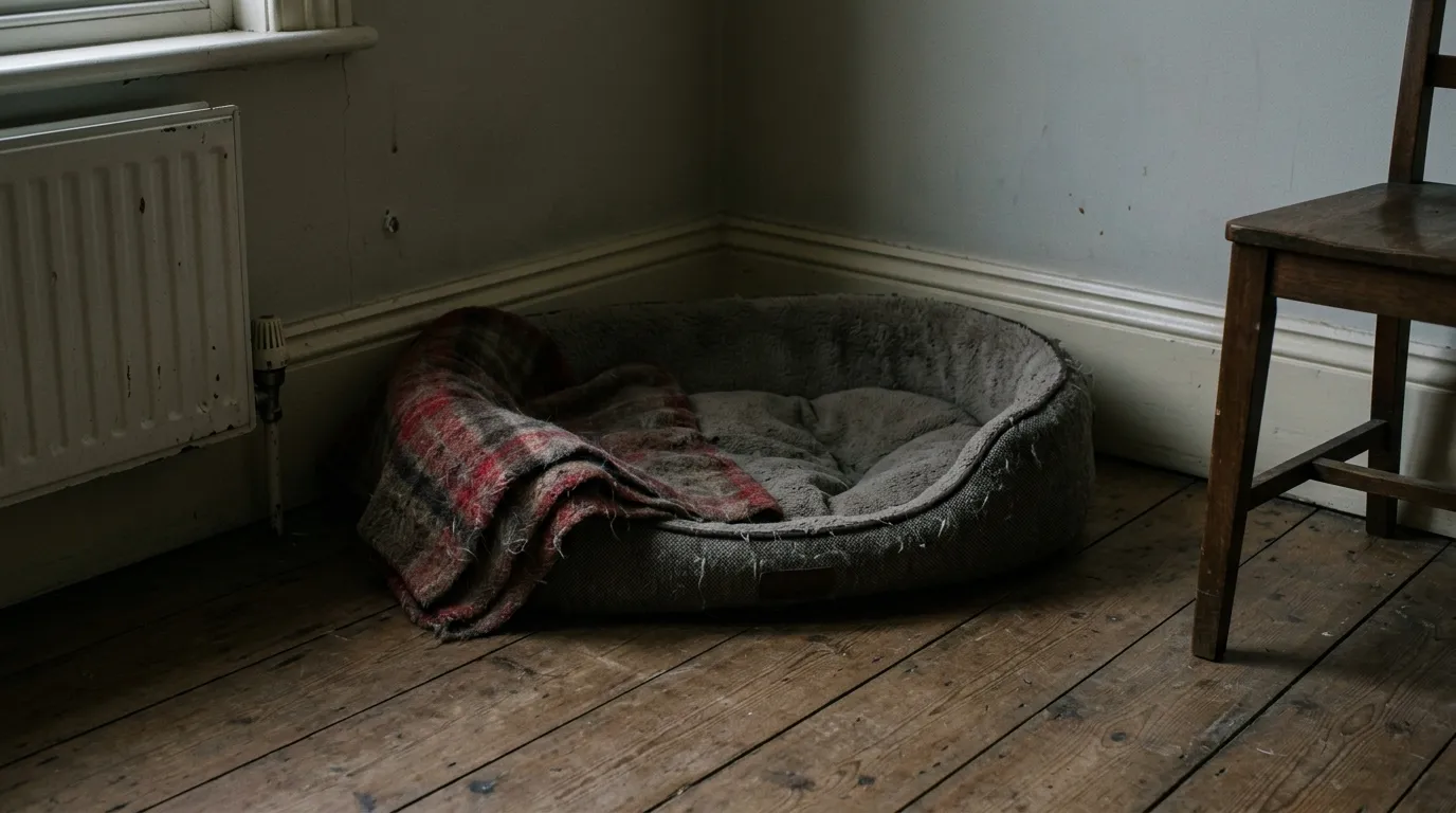 An empty dog bed beside a radiator in a dim front room, the cushion still hollowed and a worn tartan blanket folded over the edge.