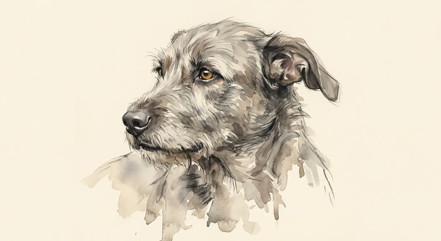A loose watercolour and charcoal painting of one rough-coated mongrel dog, head and shoulders, fading out into bare cream paper at the edges.
