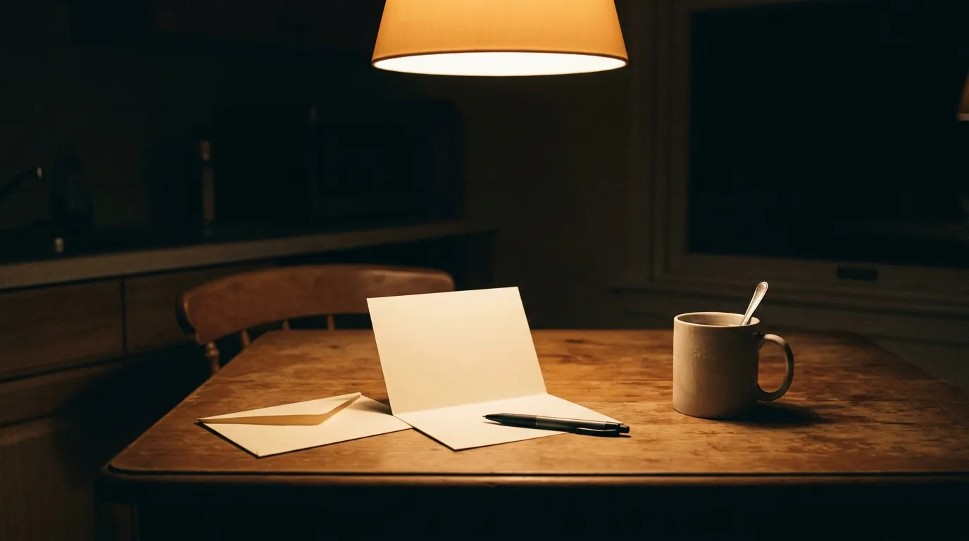 A blank cream card standing open on a kitchen table under a hanging lamp, an unsealed envelope, a pen and a mug with a spoon in it.