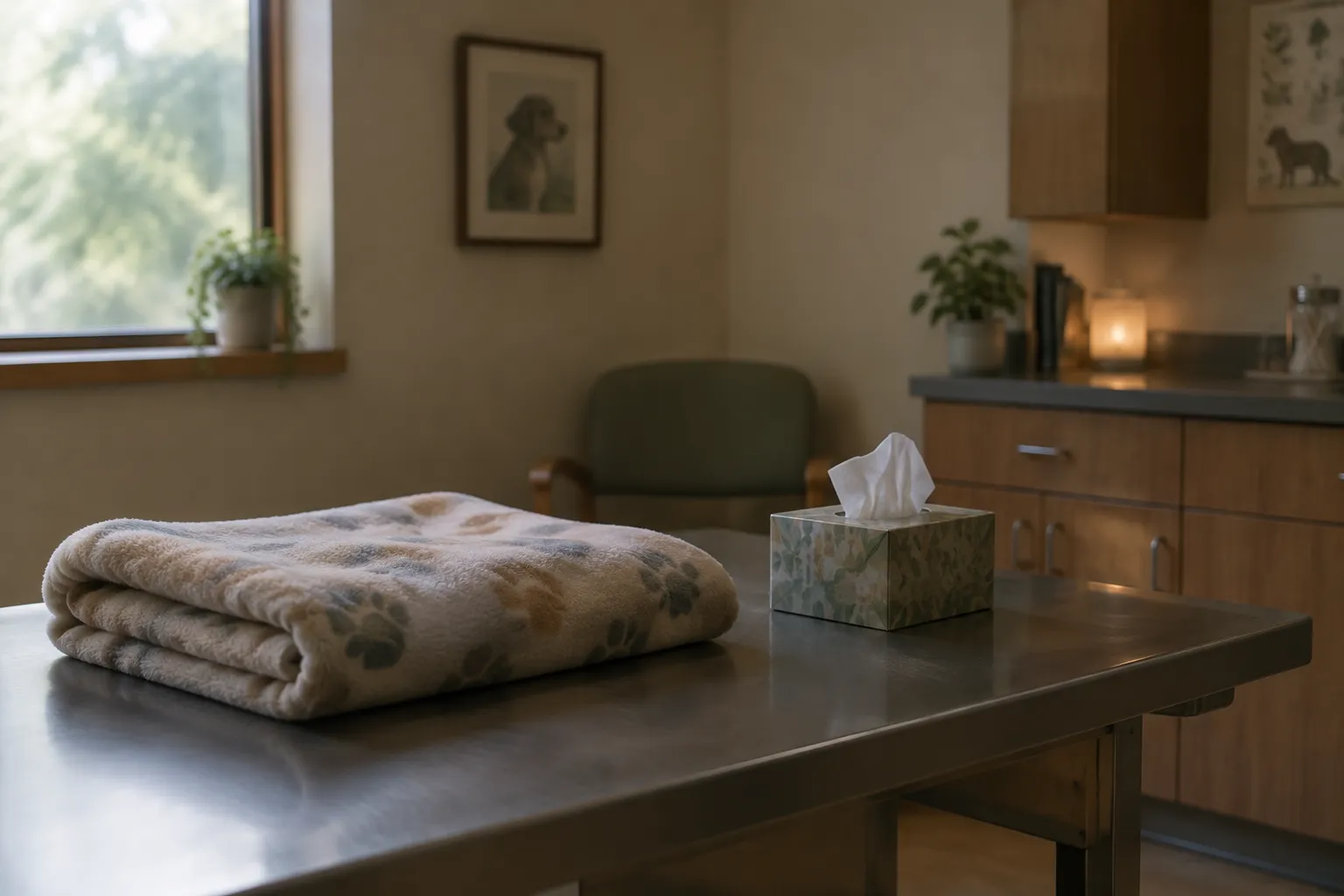 A vet room with a soft blanket folded on the table and a box of tissues.