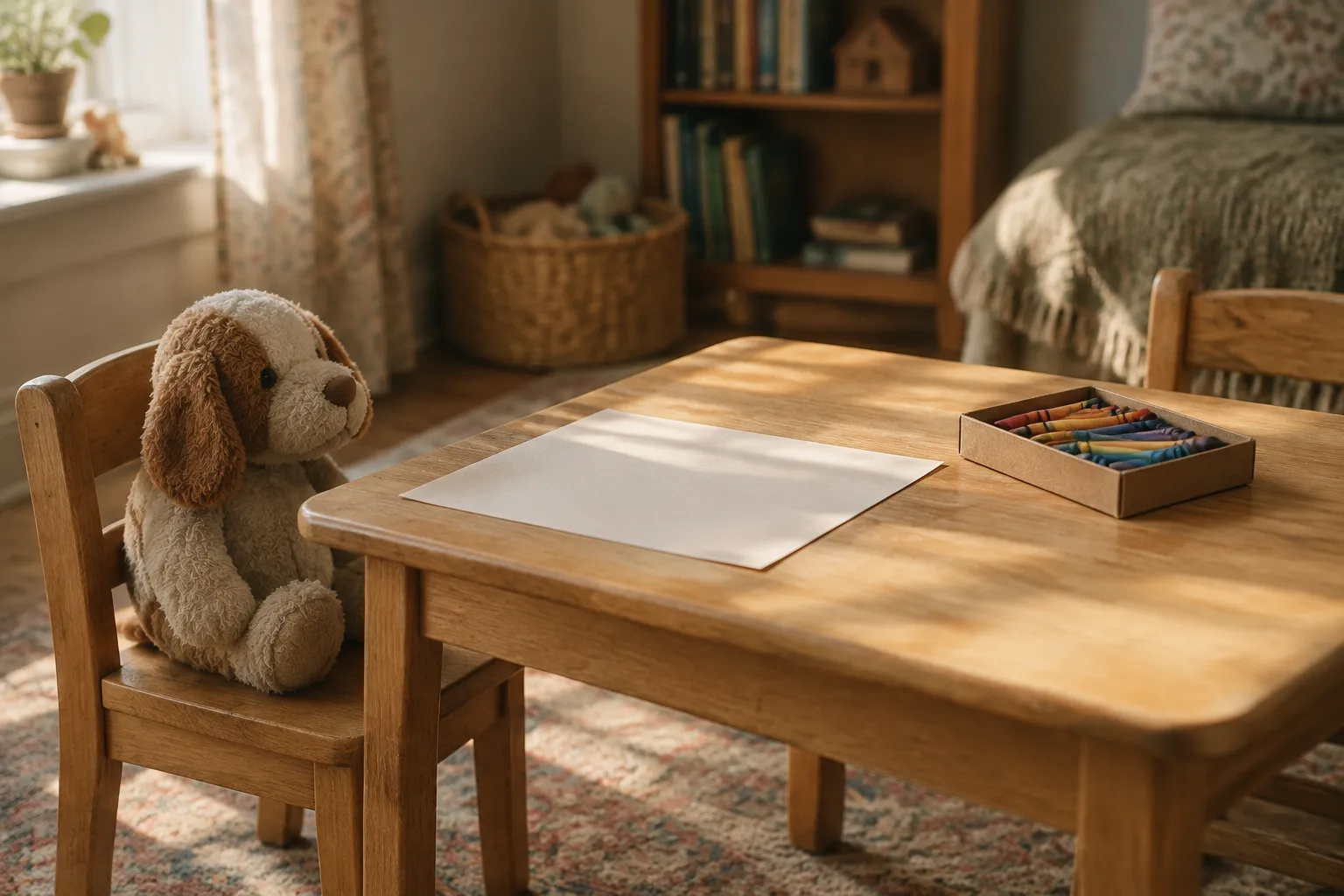 A small table with crayons, a blank sheet of paper and a soft toy dog.
