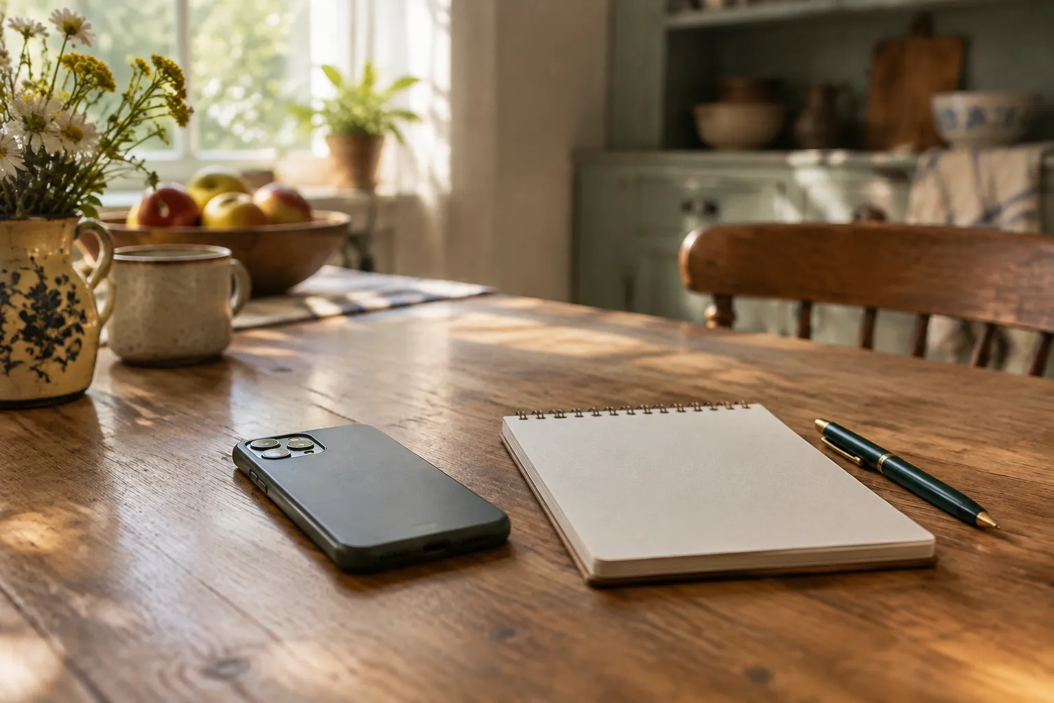 A mobile phone face down beside a blank notepad on a farmhouse kitchen table.