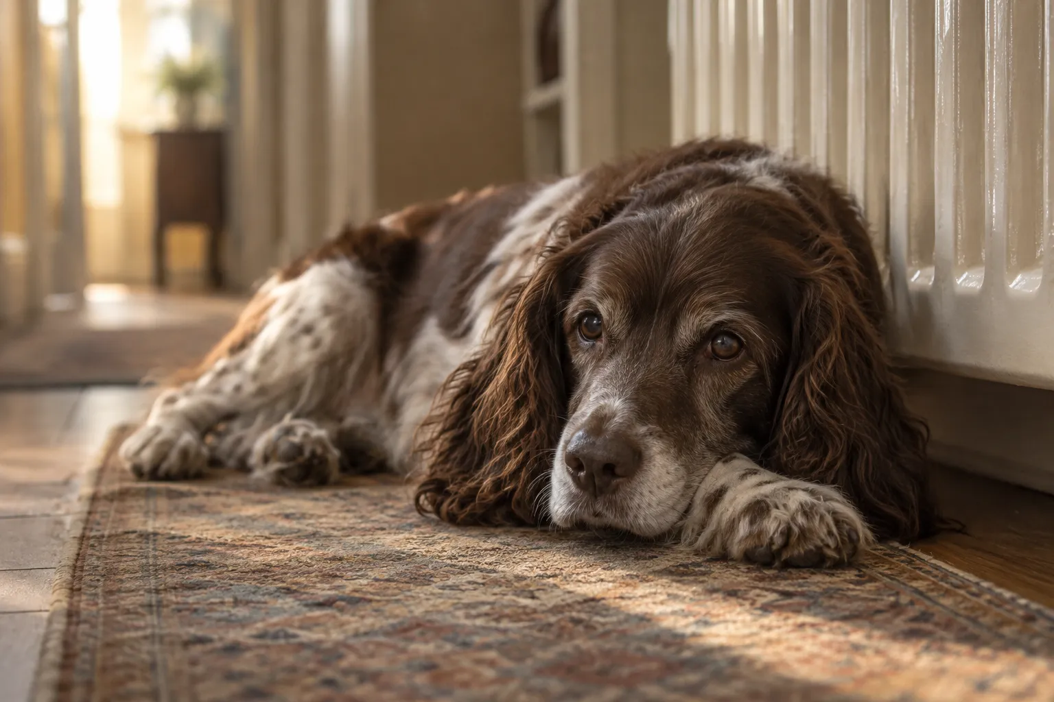 A brown and white spaniel-cross lying by a hallway radiator in early light.