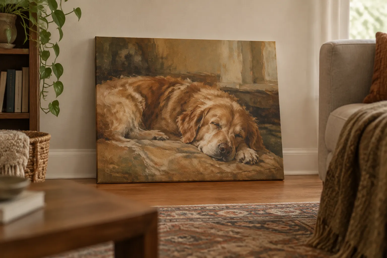 A loose oil painting of a sleeping dog on canvas leaning against a living room wall.