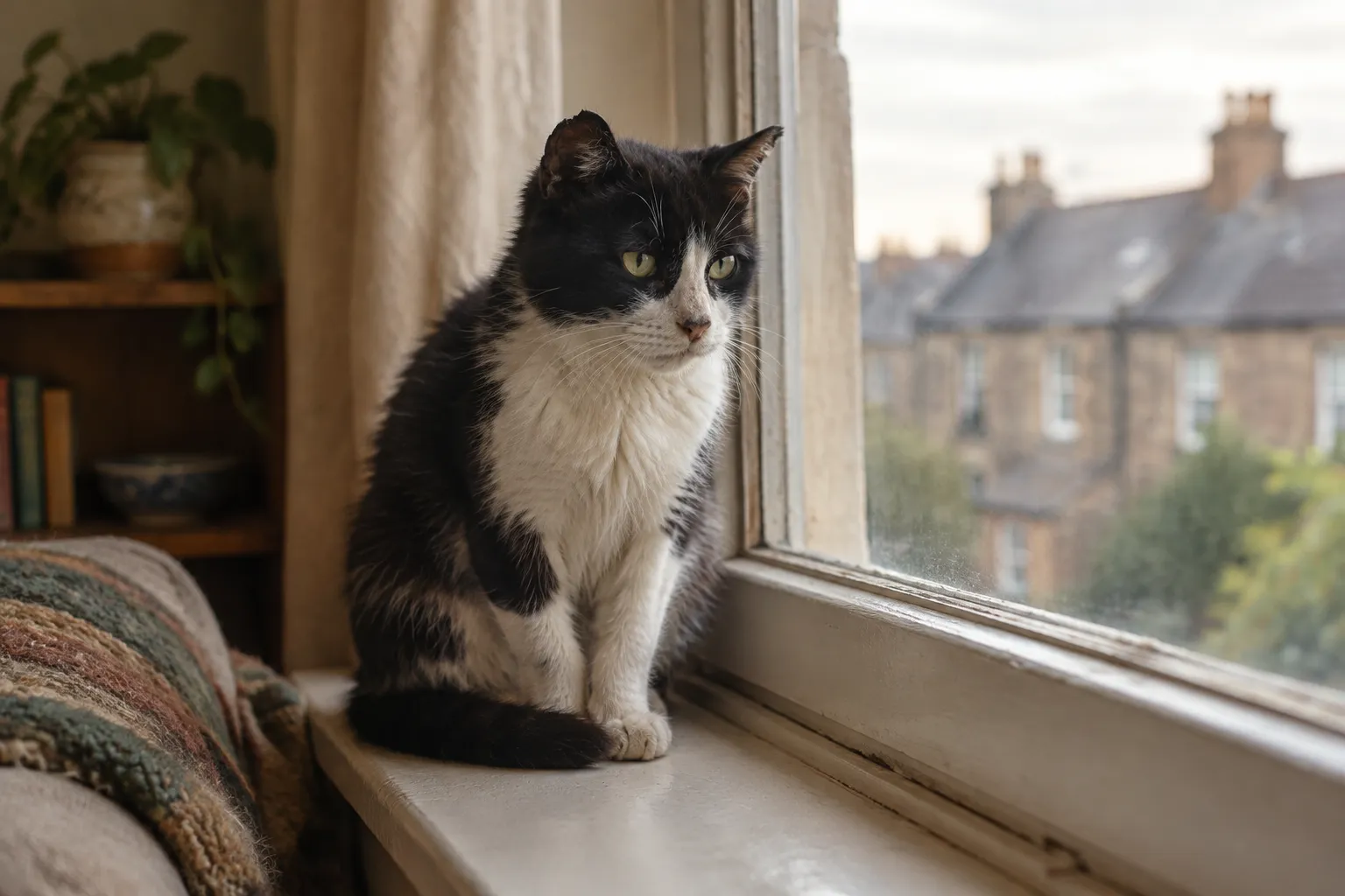 A small black and white cat sitting on the windowsill of a small flat.