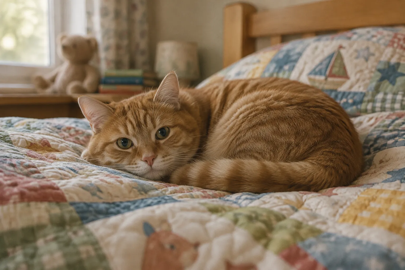 A ginger tabby cat curled on a child bed under a patterned quilt.
