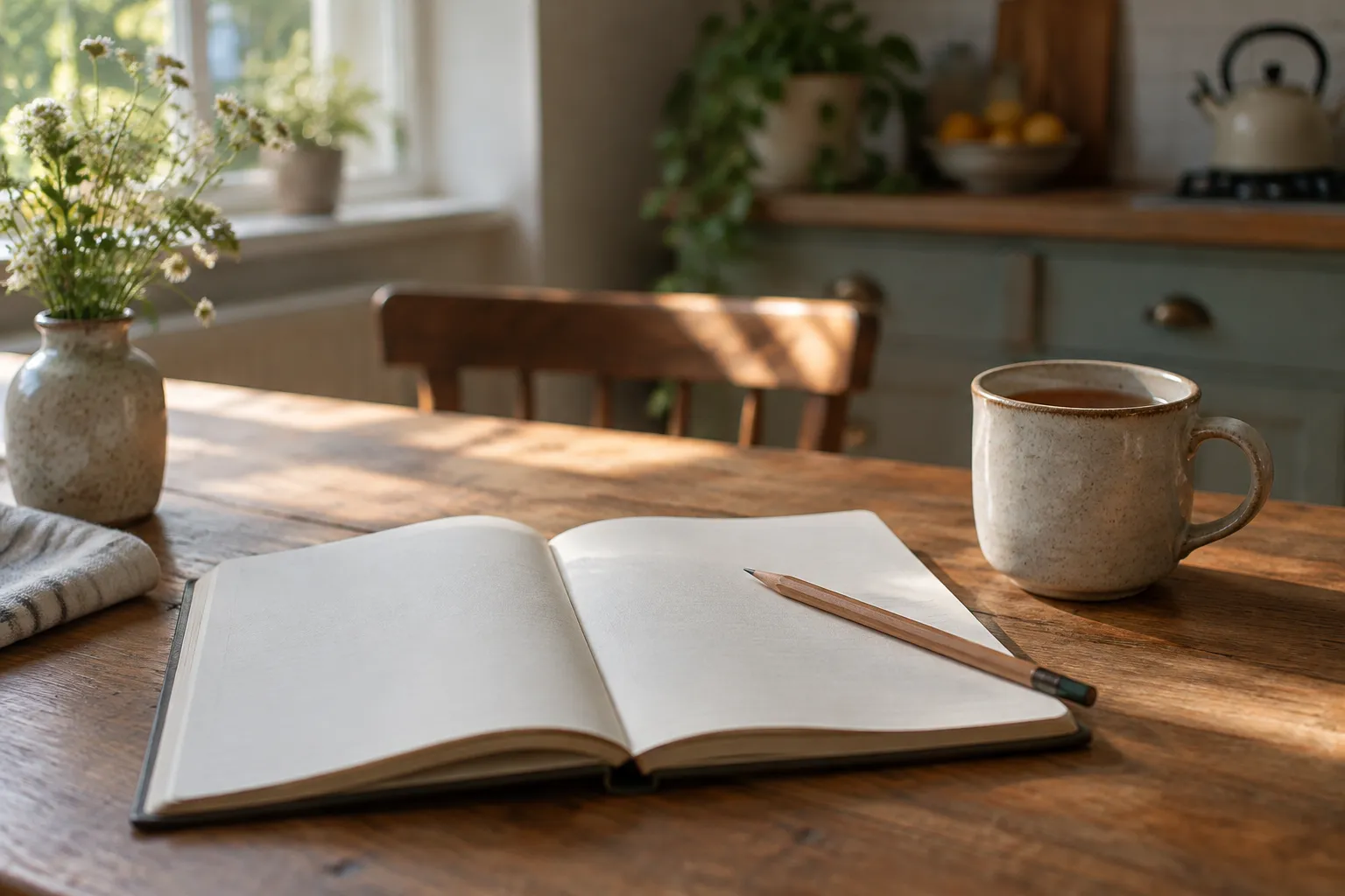 An open notebook with blank pages and a pencil beside a mug of tea.