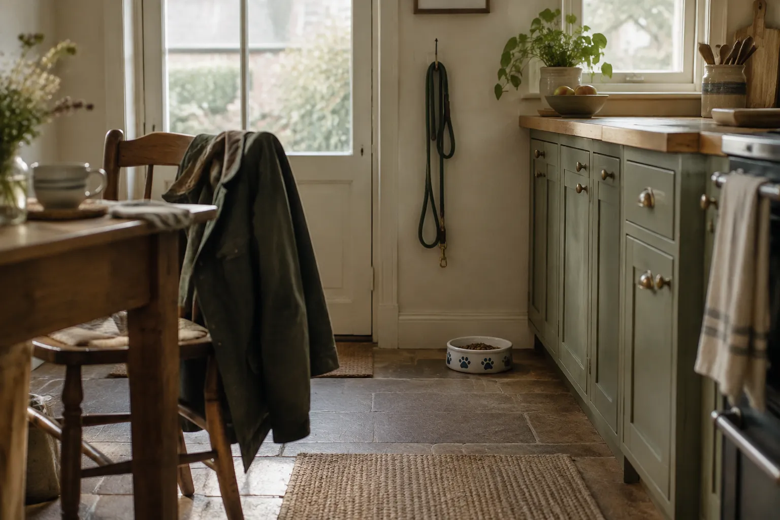 A kitchen on an ordinary morning, a half-full dog bowl and a lead on the hook.