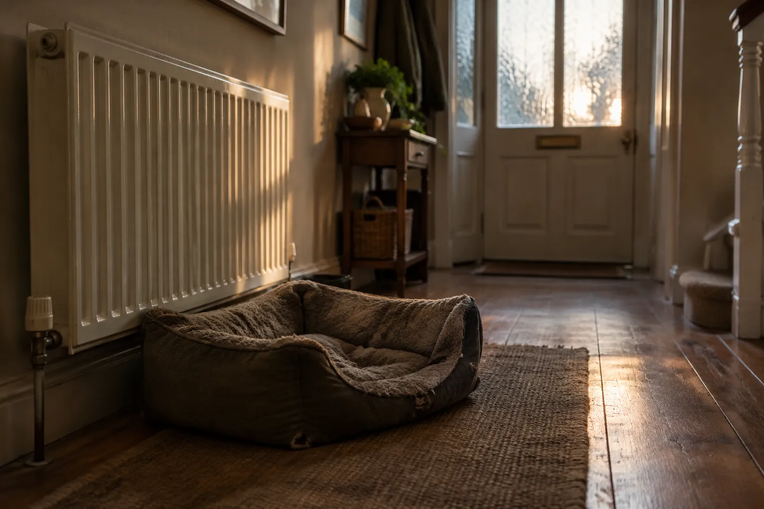 A worn dog bed in front of a hallway radiator in first light.