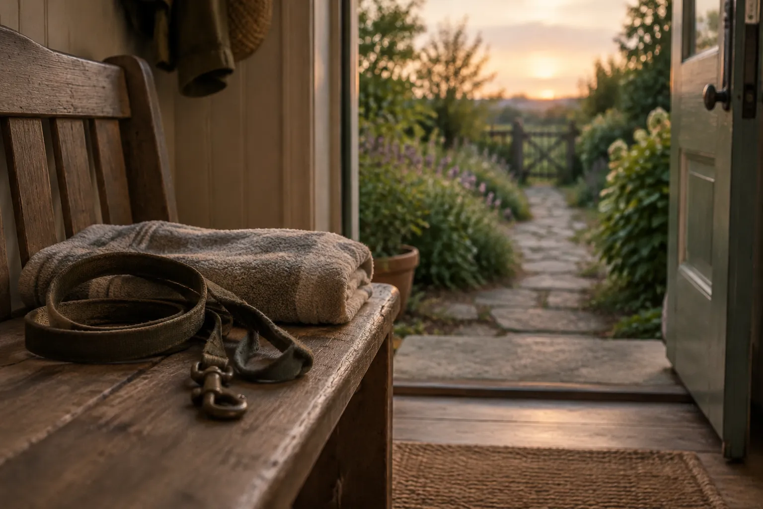 An old dog lead and a folded towel on a bench by a back door at evening.