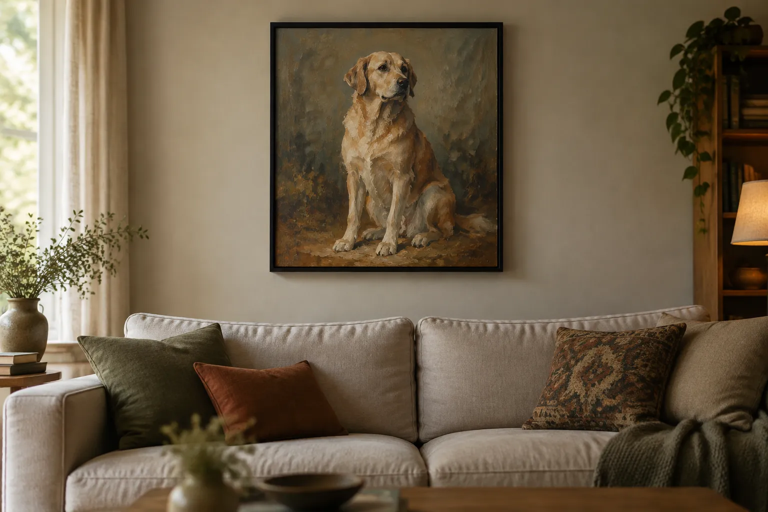A black-framed canvas portrait of a dog hanging above a sofa.