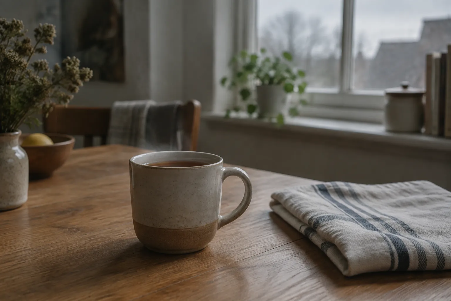 A mug of tea going cold on a kitchen table in grey morning light.