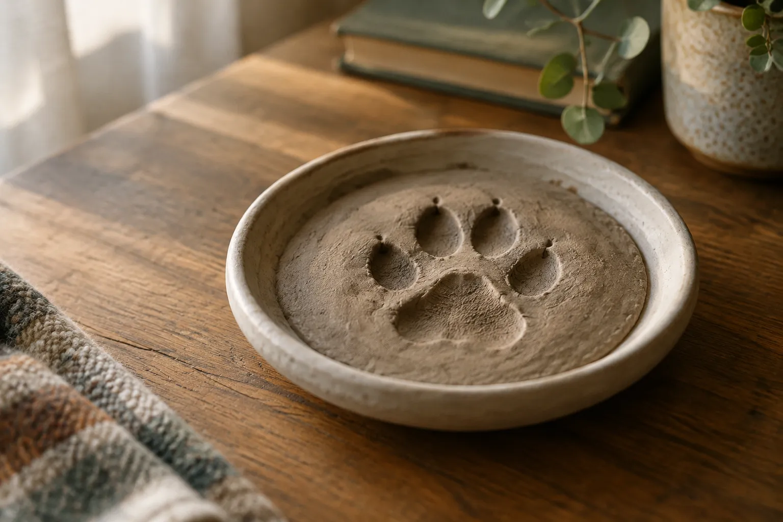 A clay paw-print impression in a shallow dish on a wooden table.