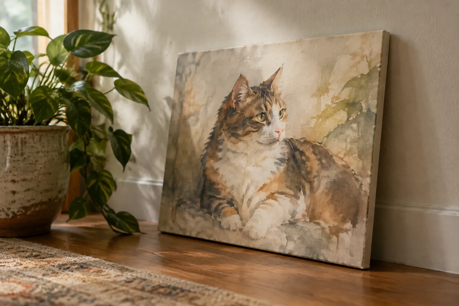 A watercolour-style cat painting on canvas leaning against a wall.