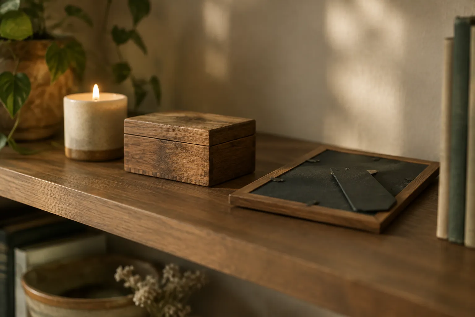 A plain wooden box, a face-down frame and a candle on a shelf.
