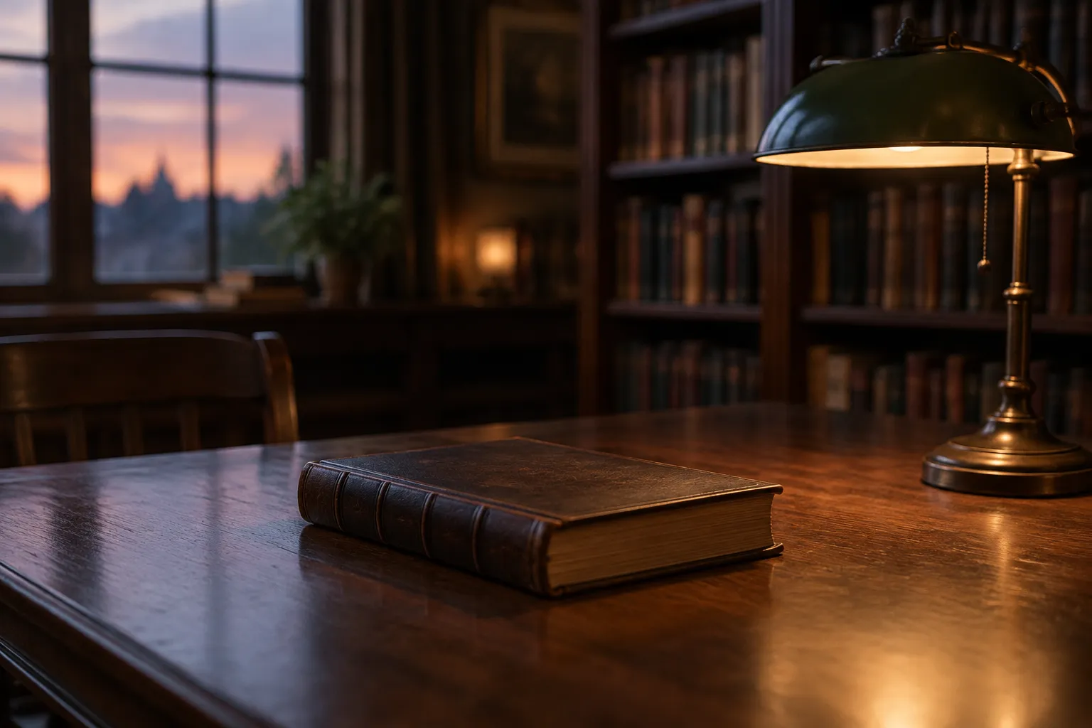 A closed leather-bound book on an old library table under a reading lamp.