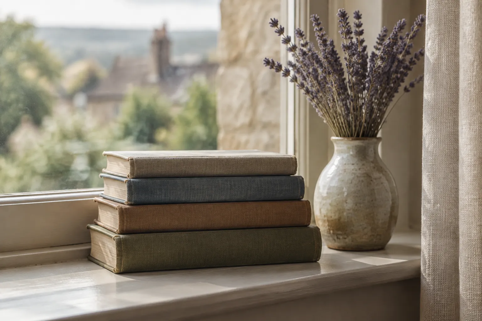 A stack of old cloth-bound books on a windowsill beside dried lavender.