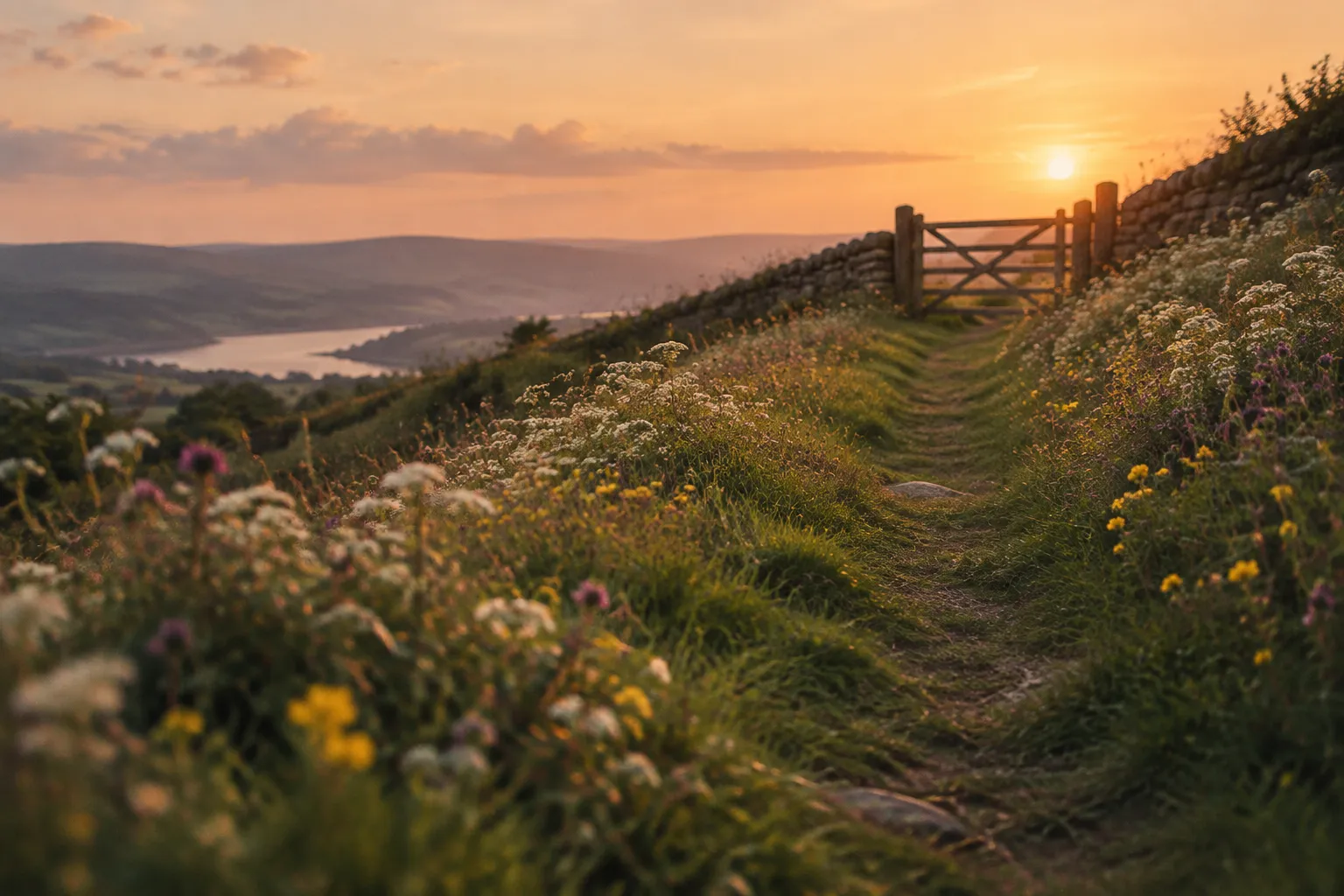 A grassy hillside path at sunset leading up to a gate.