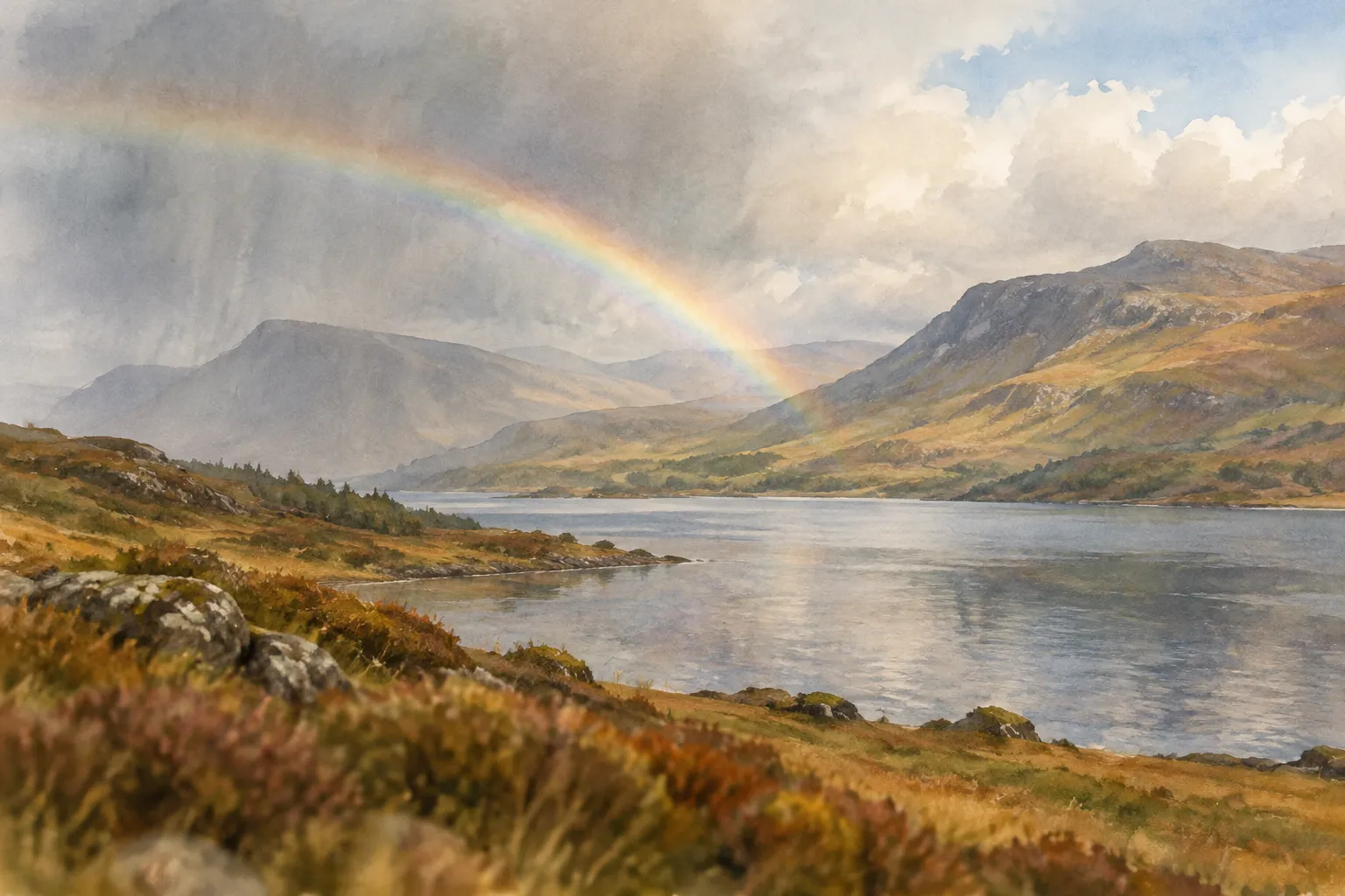 A watercolour of a soft rainbow over Highland hills and a loch.