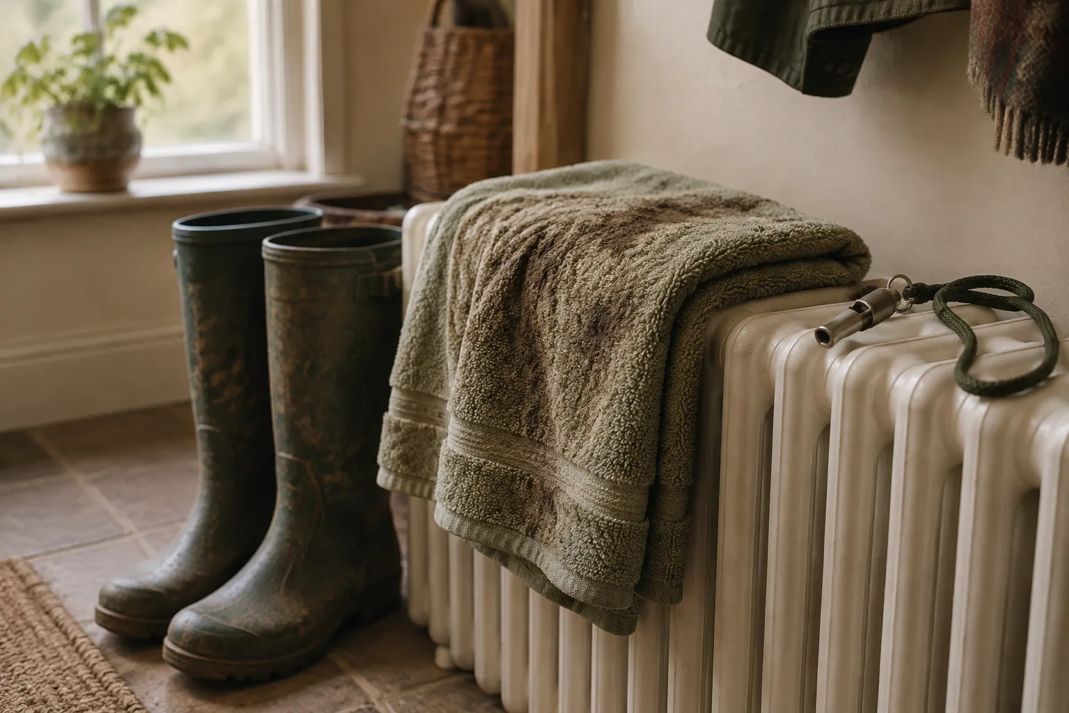 A folded green towel and a lead on a white radiator beside a pair of wellies by the back door.