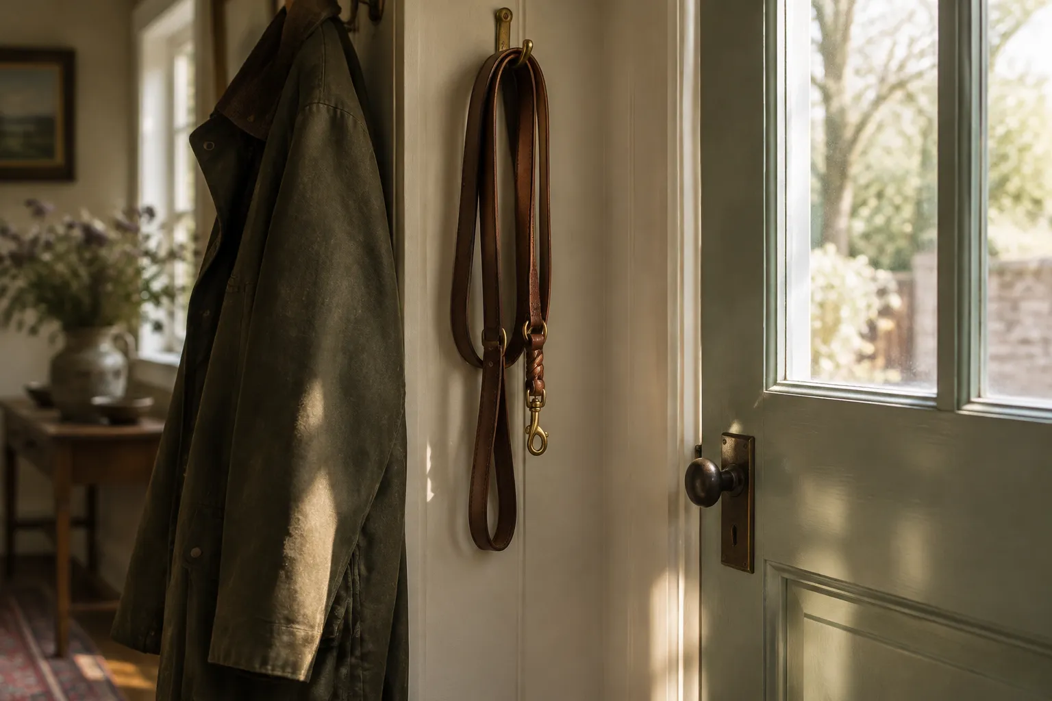 A worn leather lead hanging by a front door beside a coat.