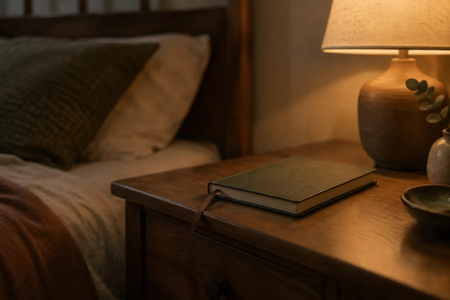 A closed notebook with a ribbon marker on a bedside table beside a lamp.