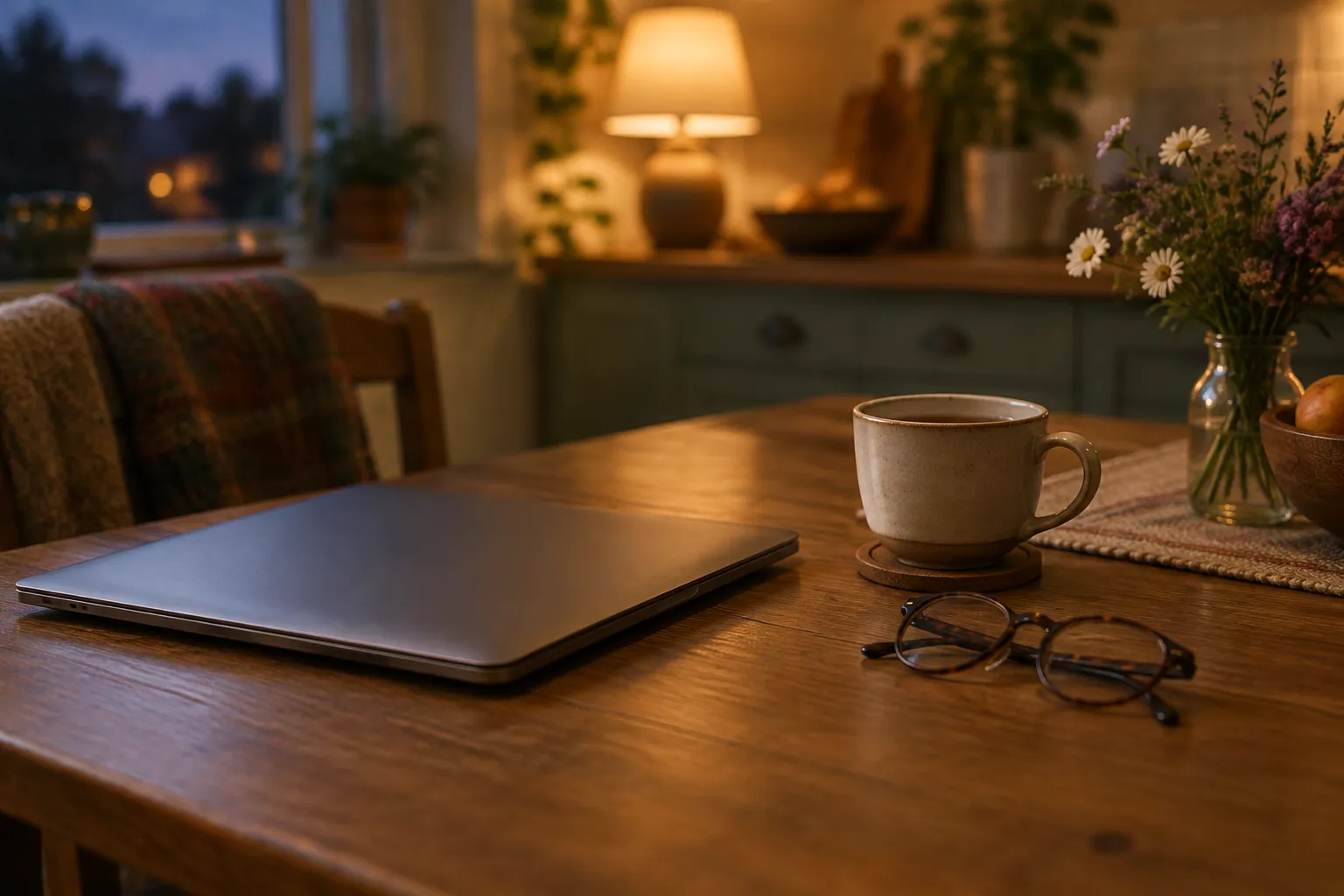 A closed laptop on a kitchen table beside a cup of tea and reading glasses.