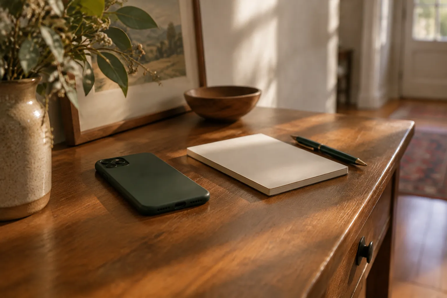 A mobile phone face down on a hall table beside a blank notepad and a pen.