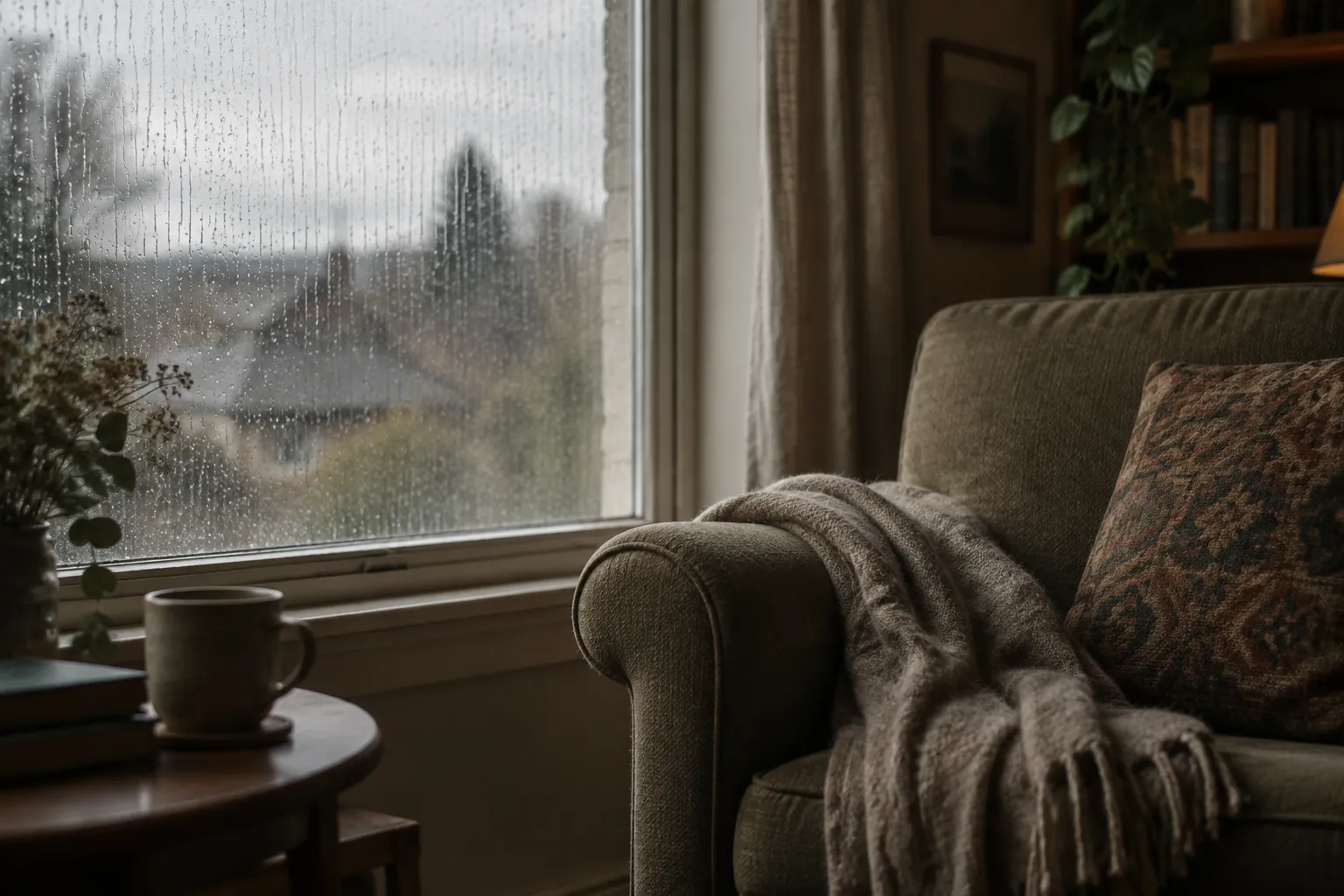 An armchair with a blanket beside a rain-streaked window.