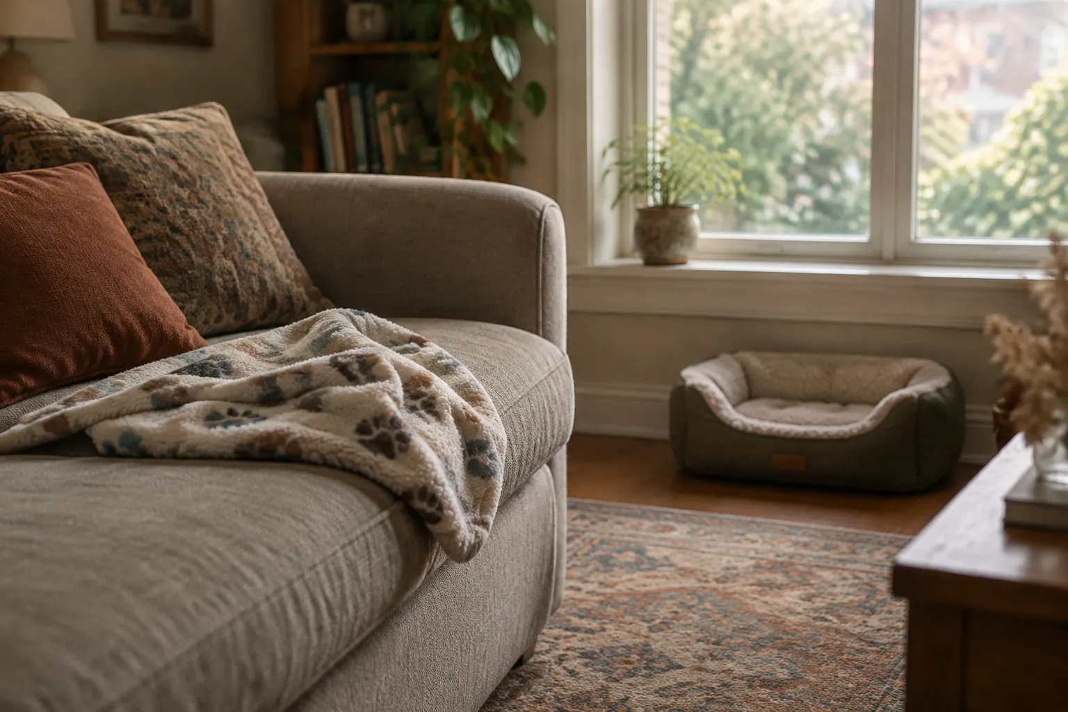 A paw-print blanket over a sofa arm and an empty dog bed by the window.
