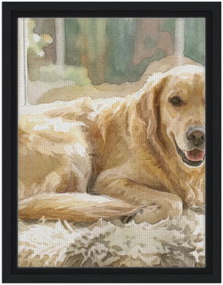 Gelato product render: a watercolour of a golden retriever resting by a window on a canvas set inside a black frame