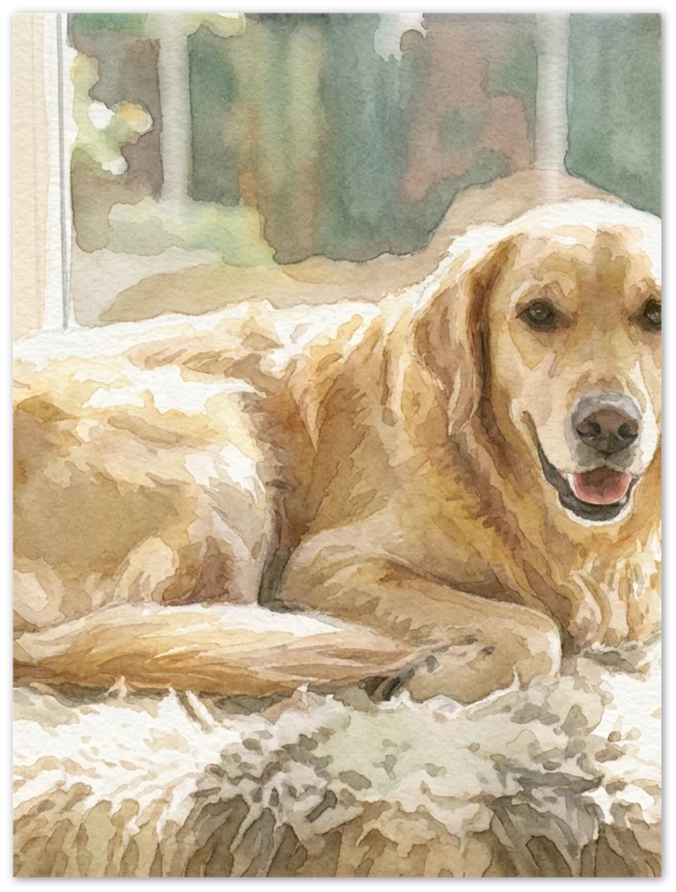 Gelato product render: a watercolour of a golden retriever resting by a window printed edge to edge on a frameless metal panel