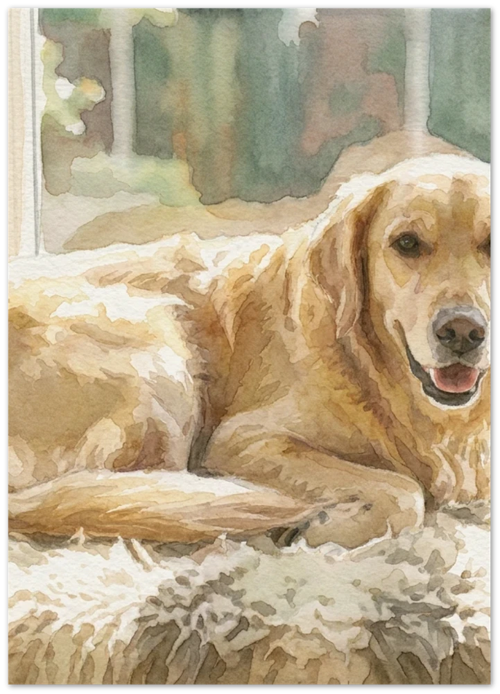 Example product render, not a customer's order: our sample watercolour portrait of a golden-coated dog as an unframed paper print.