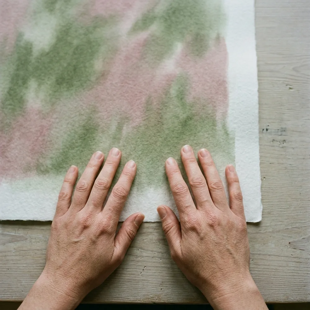 A pair of hands smoothing a print on a table