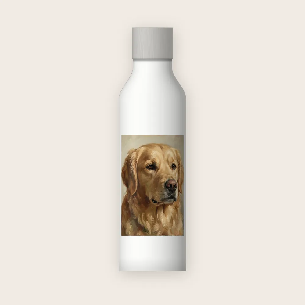 White 500 ml stainless steel water bottle with a printed panel on the front, printed with an AI-made sample portrait of a golden retriever in an oil painting style.