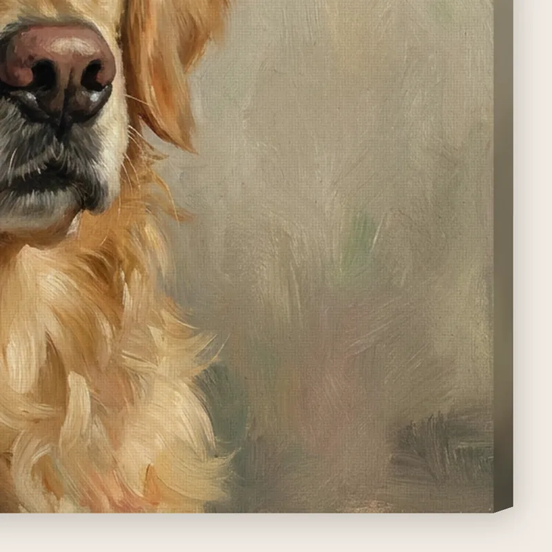 Close-up of the corner of the canvas: the weave and the 2 cm side, printed with an AI-made sample portrait of a golden retriever in an oil painting style.