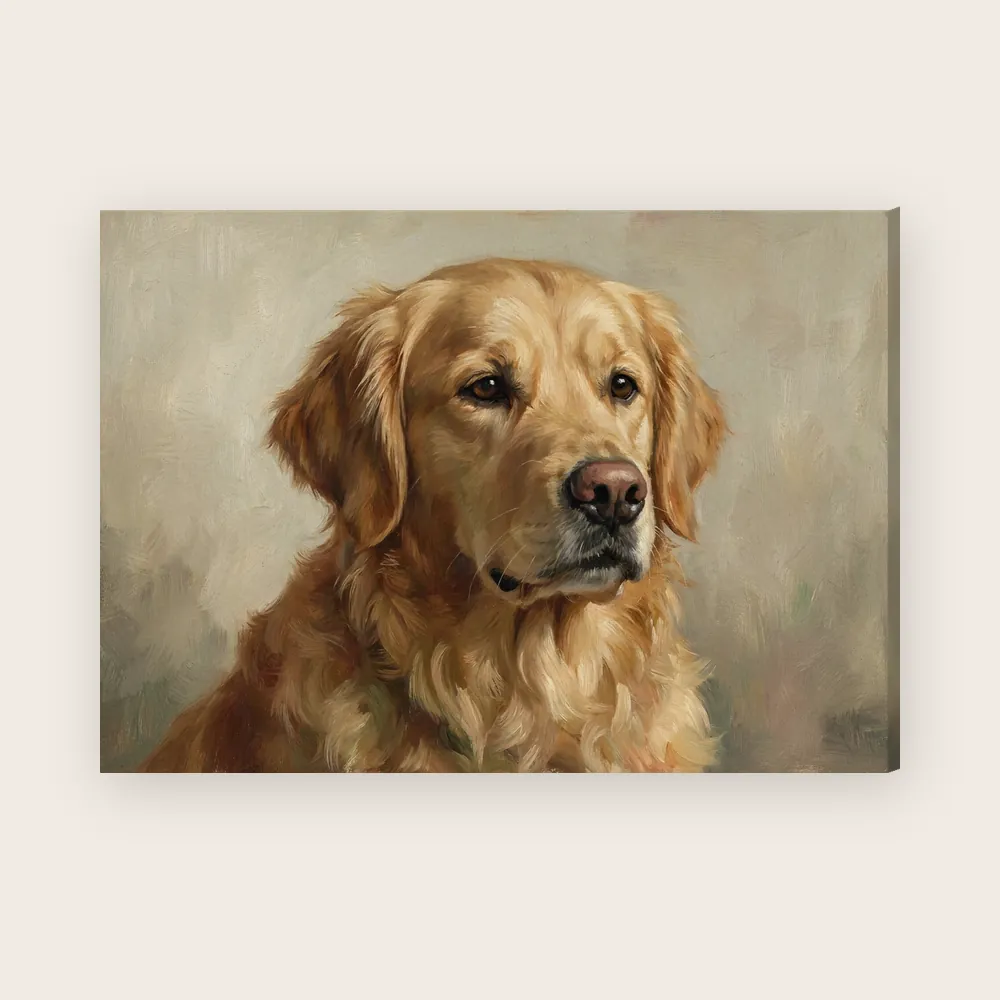Canvas, 50 × 70 cm, landscape: a stretched canvas turned to show its 2 cm side, which carries a soft band of the picture's own colours, printed with an AI-made sample portrait of a golden retriever in an oil painting style.