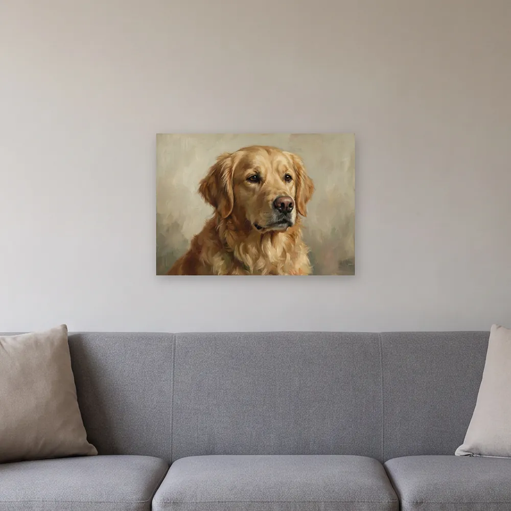 Canvas, 50 × 70 cm, drawn at its real size on a wall above a sofa, printed with an AI-made sample portrait of a golden retriever in an oil painting style. The room is an AI-made image.