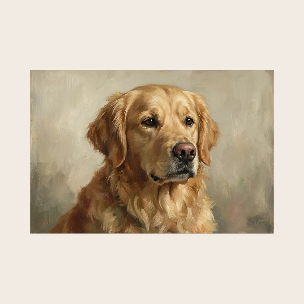 The digital download, the picture alone as a file: an AI-made sample portrait of a golden retriever in an oil painting style.