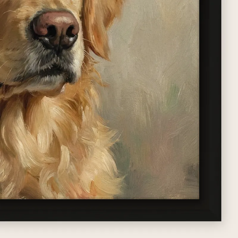 Close-up of the corner of the framed canvas in a black frame: the moulding, the dark gap and the edge of the canvas, printed with an AI-made sample portrait of a golden retriever in an oil painting style.