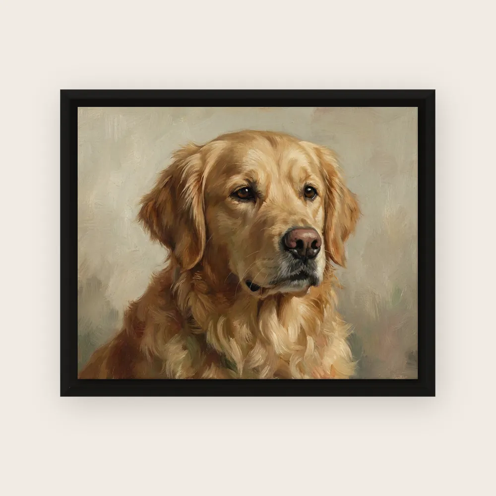 Framed canvas, 40 × 50 cm in a black frame, landscape: a canvas floating inside the frame with a dark gap all round, printed with an AI-made sample portrait of a golden retriever in an oil painting style.