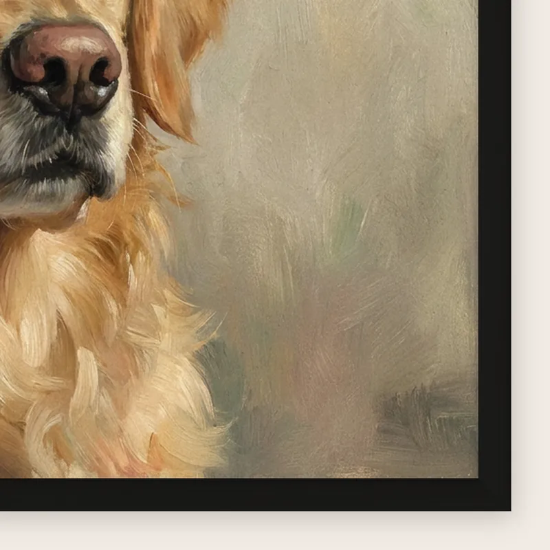 Close-up of the corner of the framed poster in a black frame: the mitred moulding and the print behind clear plexiglass, no mount, printed with an AI-made sample portrait of a golden retriever in an oil painting style.