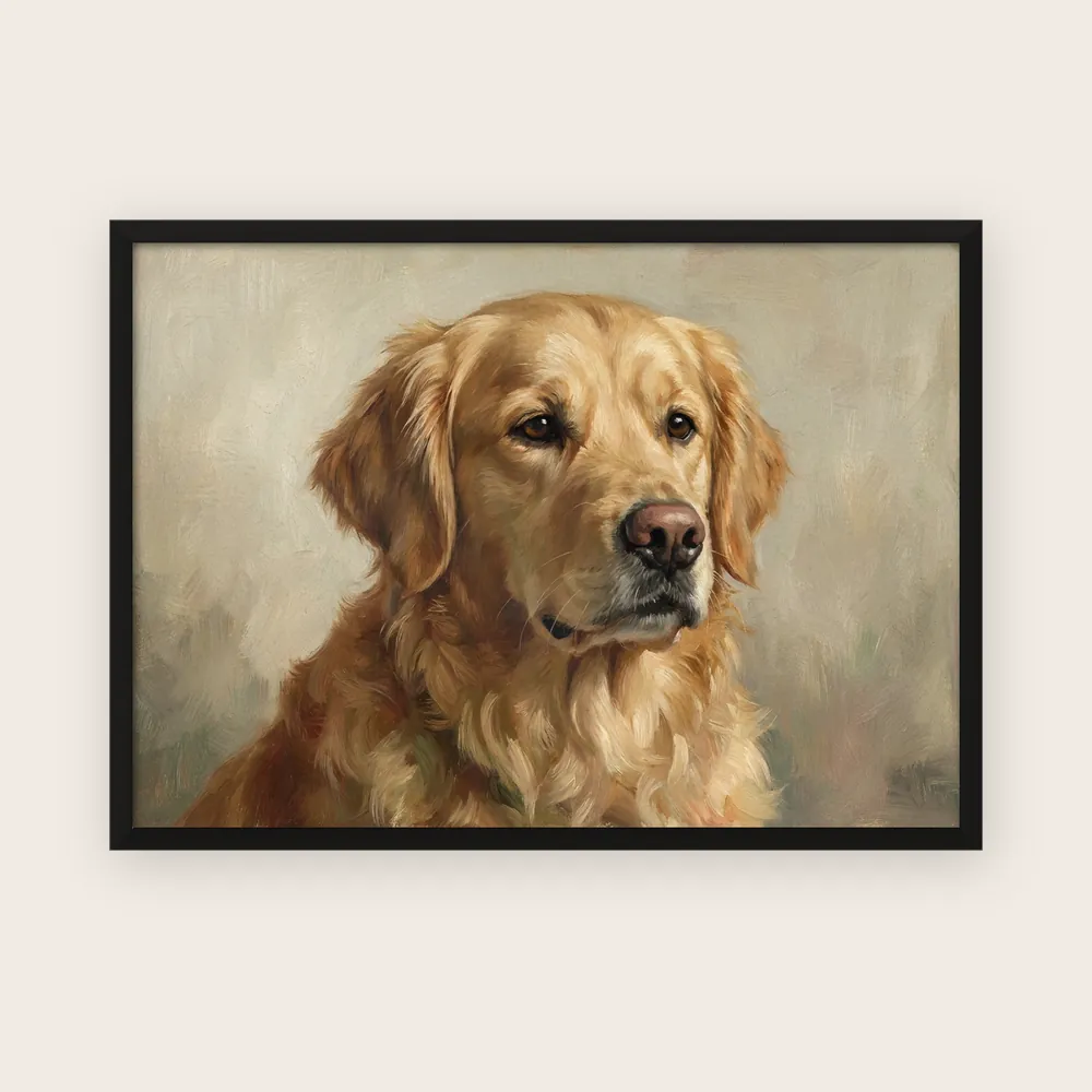Framed poster, A3 in a black frame, landscape: a sheet of 250gsm uncoated off-white paper behind clear plexiglass, no mount, printed with an AI-made sample portrait of a golden retriever in an oil painting style.