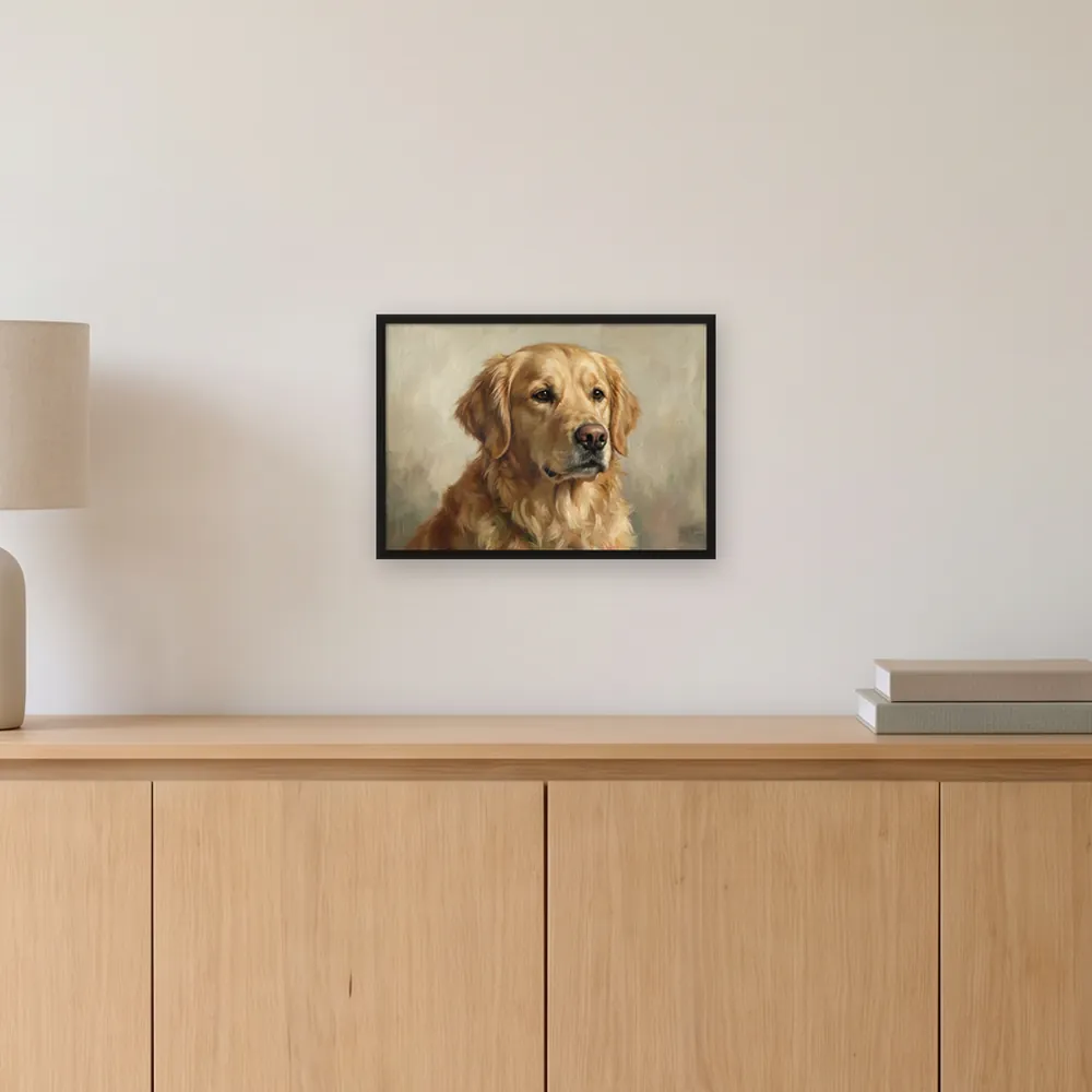 An A3 framed poster in a black frame on a wall above a sideboard, shown at its real size, with a sample oil-style portrait of a golden retriever. The portrait and the room are AI-made images.