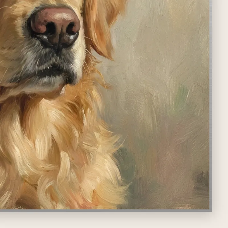 Close-up of the corner of the metal print: the 3 mm aluminium edge, printed with an AI-made sample portrait of a golden retriever in an oil painting style.