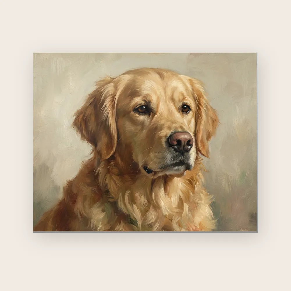Metal print, 40 × 50 cm, landscape: a frameless 3 mm aluminium panel turned to show its edge, printed with an AI-made sample portrait of a golden retriever in an oil painting style.