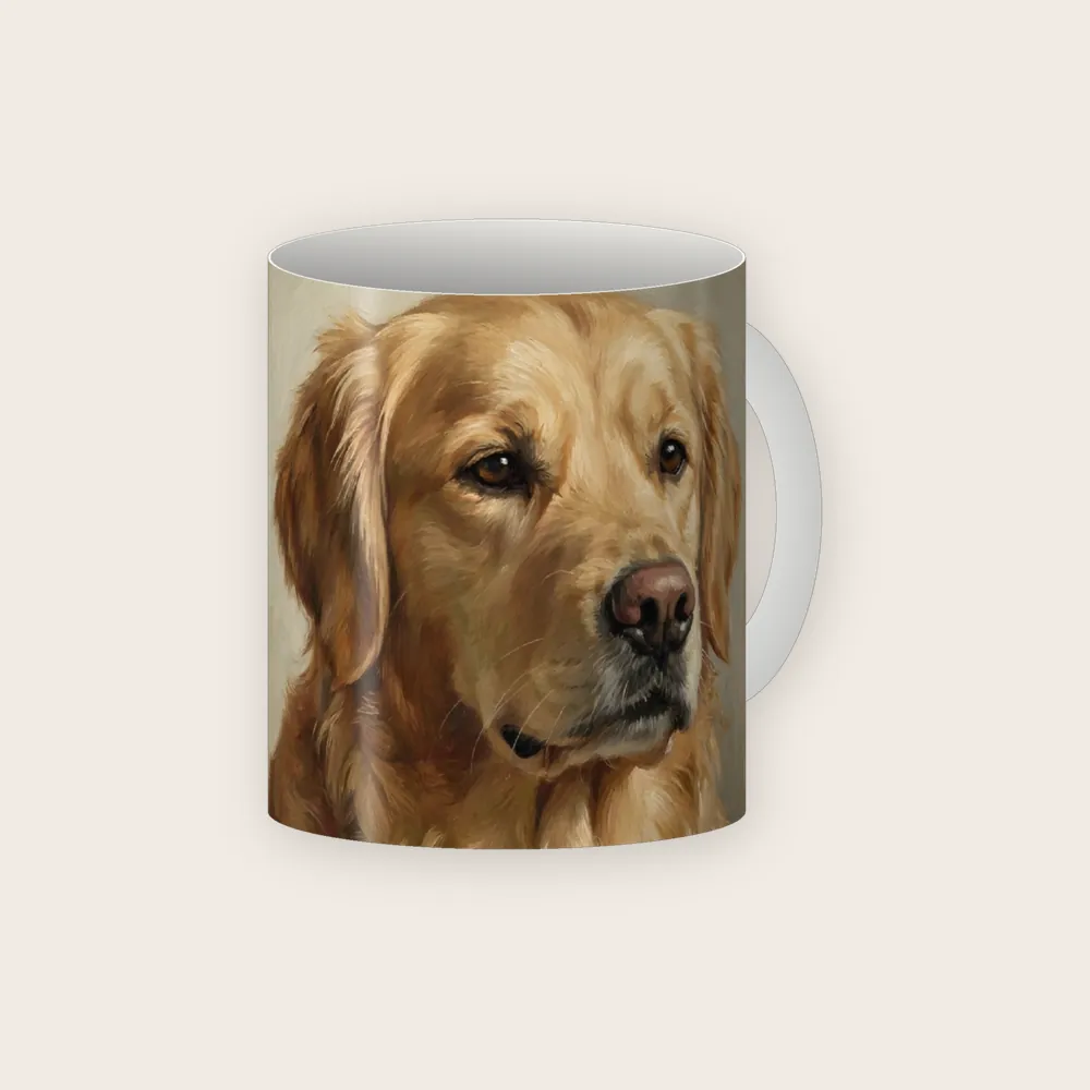 White 11oz ceramic mug with the print wrapped round it, the middle of the picture on the side facing away from the handle, printed with an AI-made sample portrait of a golden retriever in an oil painting style. The two ends of the picture run round the sides towards the handle.